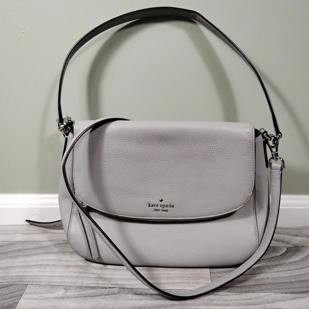 Kate Spade‎ New York Jackson Medium Shoulder Bag Flap Grey Pebbled Leather
